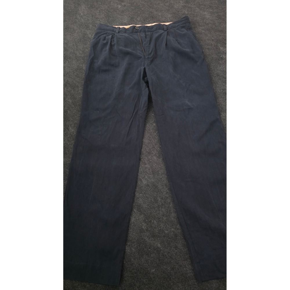 Tommy Bahama Mens 33x32 Navy Blue Silk Bamboo Blend Pleated Straight Leg Pants